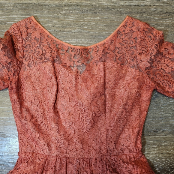 Vintage 70s Coral Lace Long Sleeve Dress Elegant Rare - Picture 5 of 8